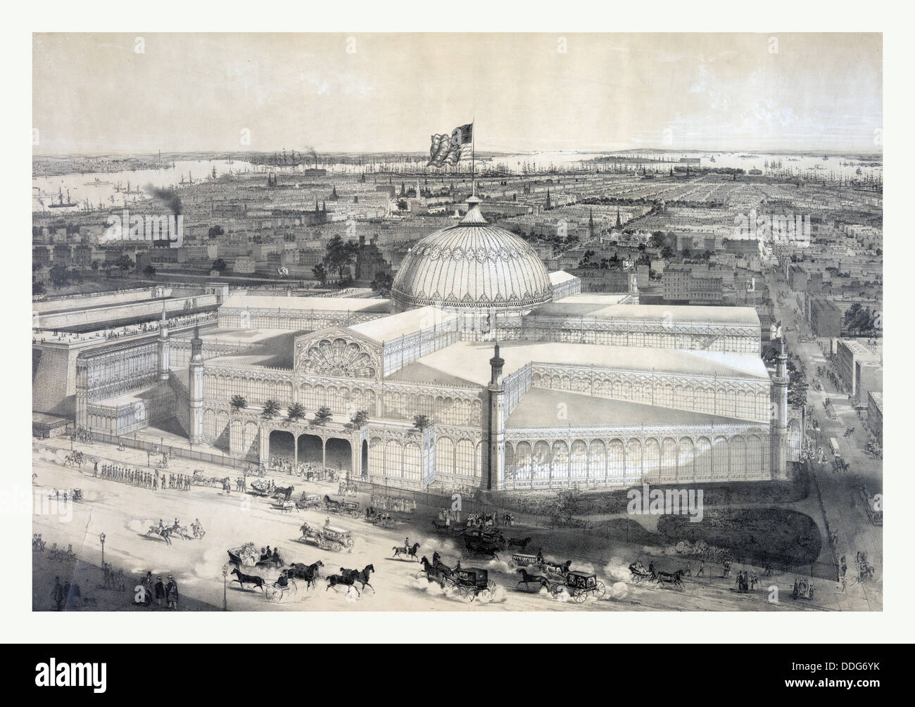 Vögel Augen-Blick auf New York Crystal Palace und Umwelt von John Bachmann, 19. Jahrhundert, USA, Amerika Stockfoto