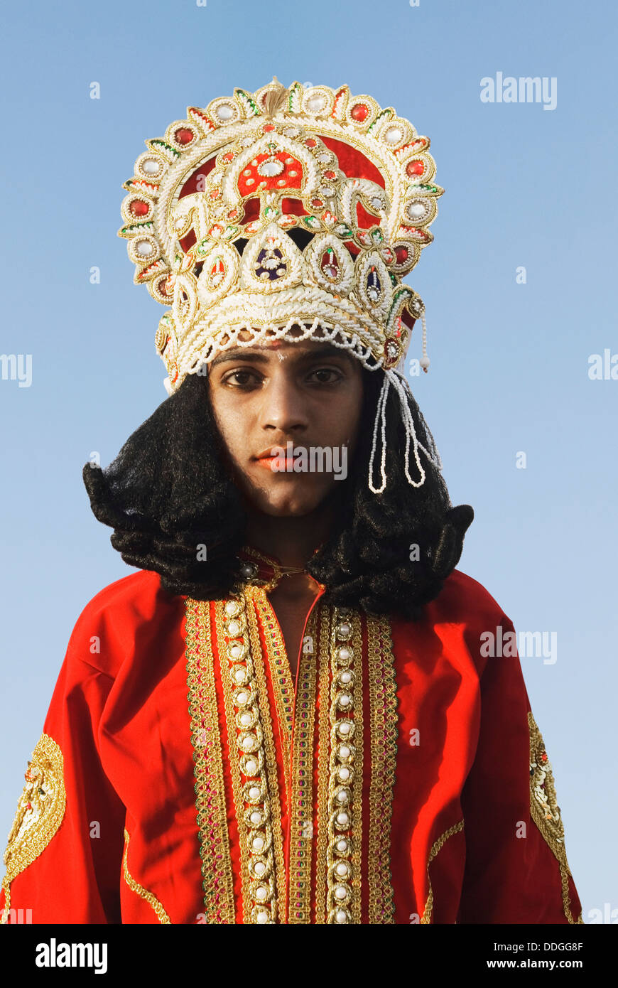 Mann verkleidet als hinduistischen mythologischen Charakter, Jaipur, Rajasthan, Indien Stockfoto