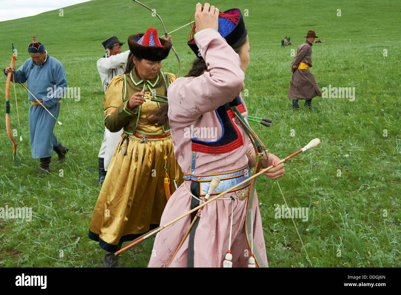 Mongolei, Khentii Provinz, Badshireet, Naadam Festival, burjatische Bevölkerung, Bogenturnier Stockfoto