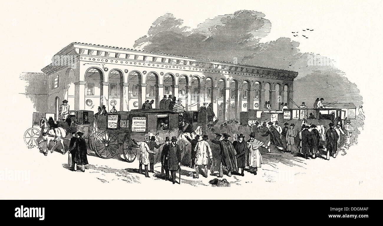 DIE CAMBRIDGE KANZLERSCHAFT WAHL: DER BAHNHOF IN CAMBRIDGE, ANKUNFT DER WÄHLER, UK, 1847 Stockfoto