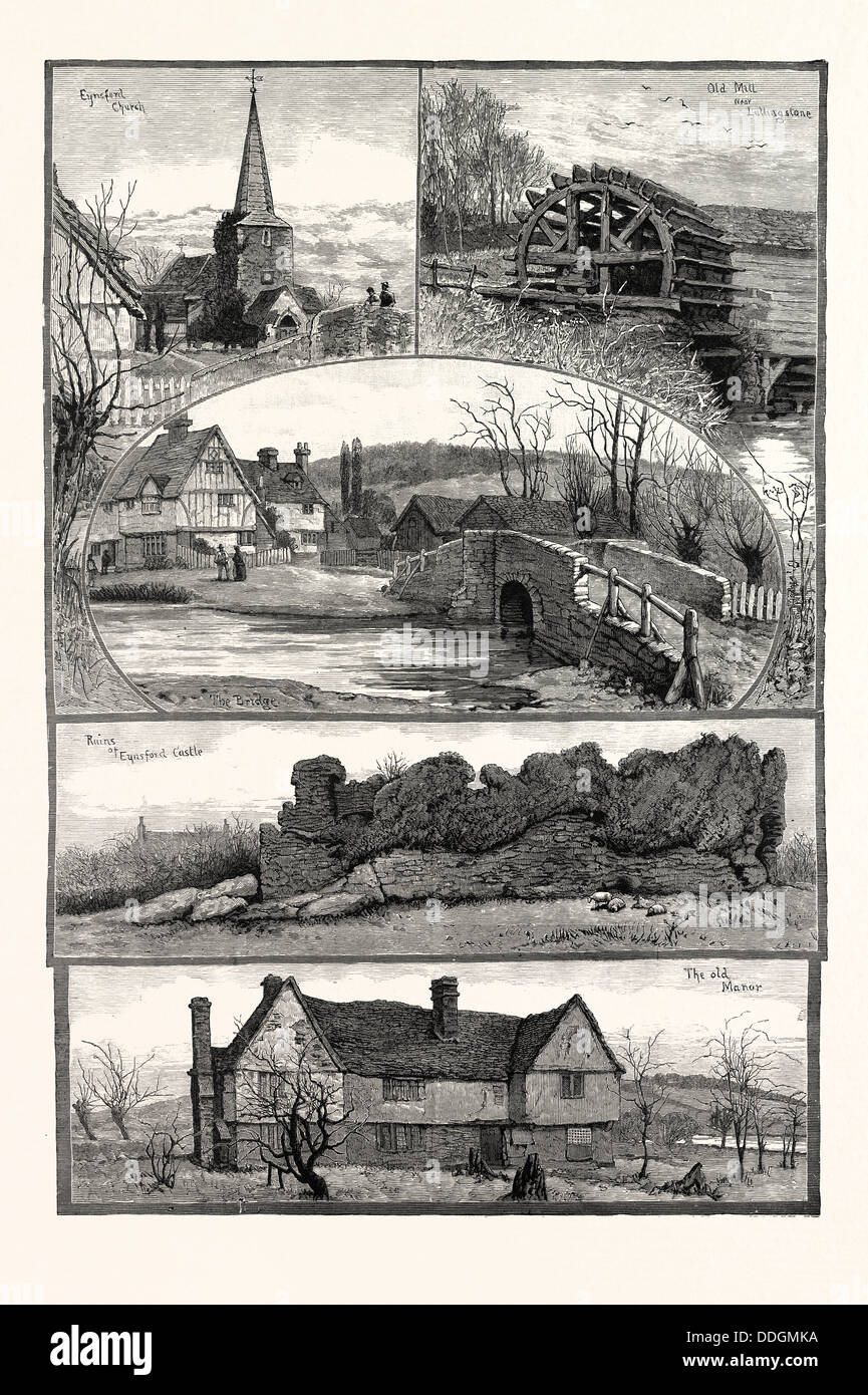 EYNSFORD, KENT, UK, 1887. EYNSFORD KIRCHE, ALTE MÜHLE IN DER NÄHE VON LULLINGSTONE, BRÜCKE, EYNSFORD BURGRUINE, DAS ALTE HERRENHAUS Stockfoto