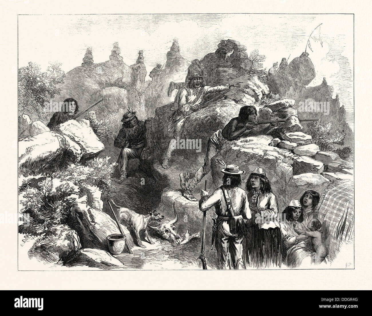 DIE MODOC-INDIANER IN DEN LAVA-BETTEN, 1873 Stockfoto