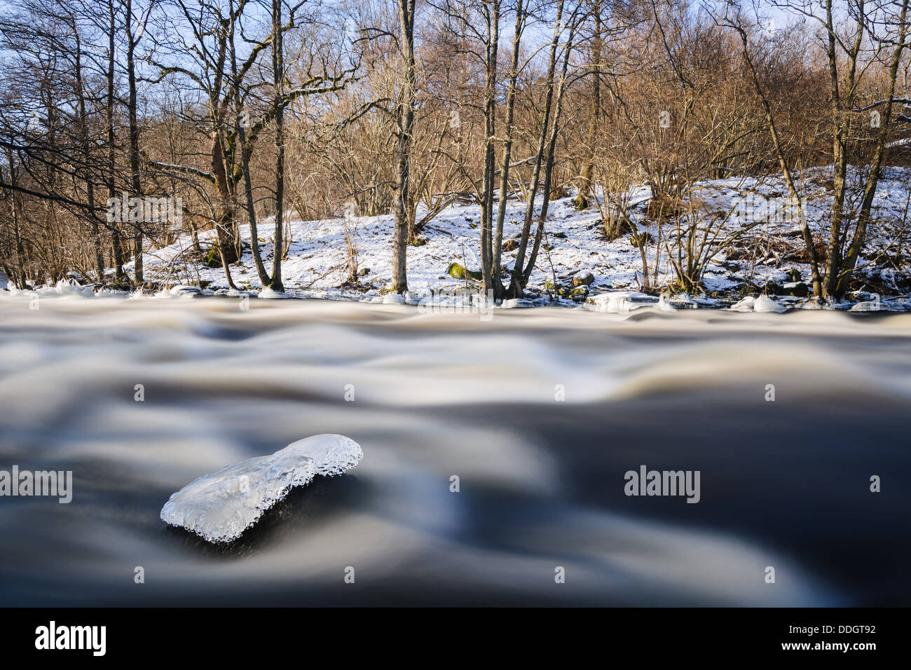 Fluss im Winter Säveån, Schweden Stockfoto