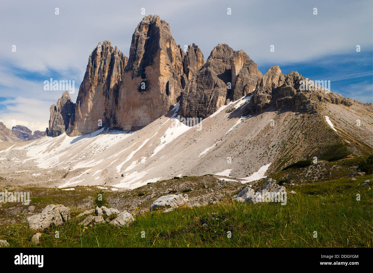 Drei Zinnen von Lavaredo in den Sextener Dolomiten, Südtirol,  Tre Cime di Lavaredo; Dolomiti;  Drei Zinnen in Den Dolomiten Stockfoto