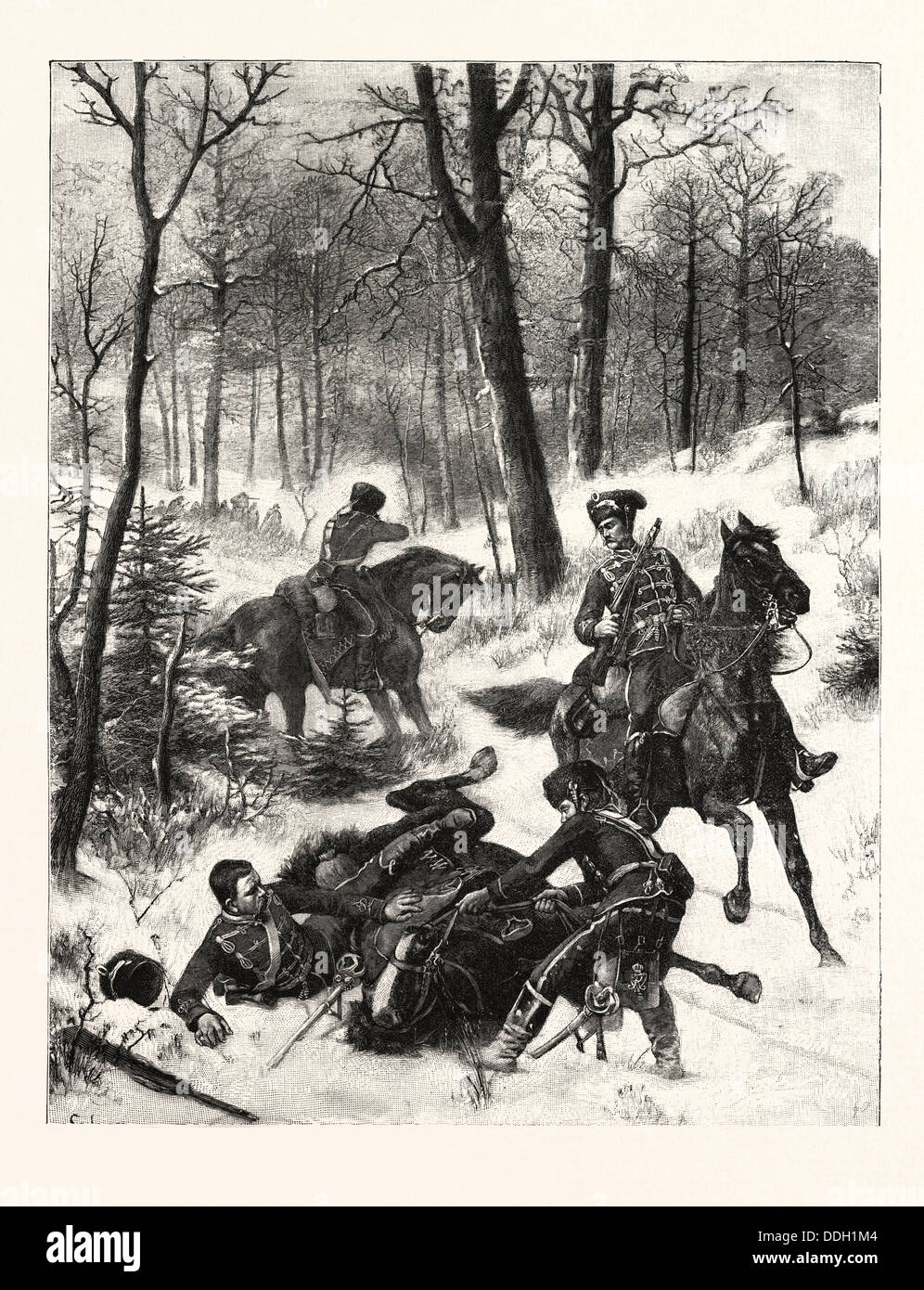 Franco-Preussischer Krieg: Überfall auf einen Husaren-Patrouille in der Nähe von Maimenon Ende Dezember, Frankreich Stockfoto