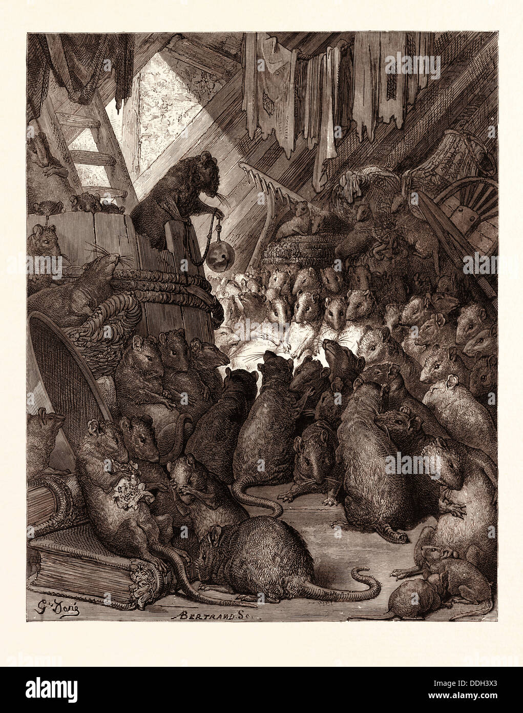 DER RAT HELD VON DEN RATTEN VON GUSTAVE DORÉ. Dore, 1832-1883, Französisch.  Gravur für Fabeln von Jean De La Fontaine, graviert Stockfotografie - Alamy