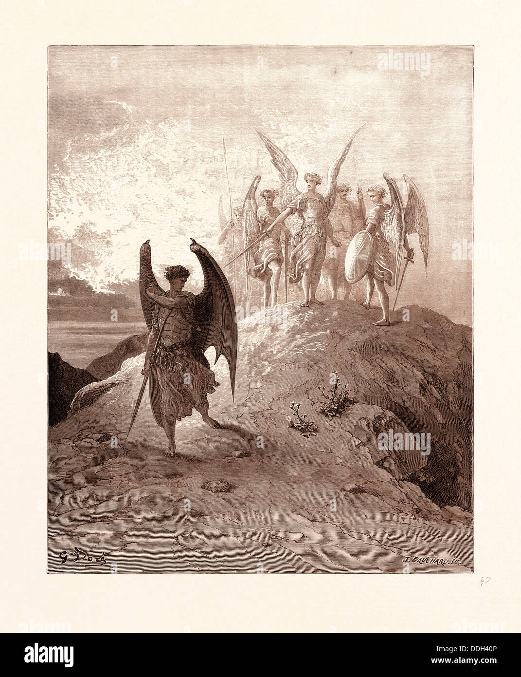 SATAN BESIEGT, VON GUSTAVE DORE. Dore, 1832-1883, Französisch. Gravur für Paradise Lost von Milton. 1870, Kunst, Künstler Stockfoto