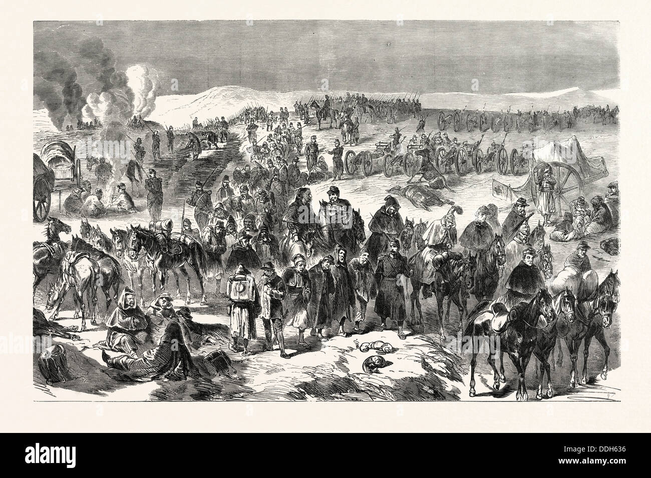 FRANCO-PREUSSISCHER Krieg: Truppen BOURBAKI entwaffnet durch Schweizer in der Nähe von LES VERRIERES den 2. Februar 1871 Stockfoto