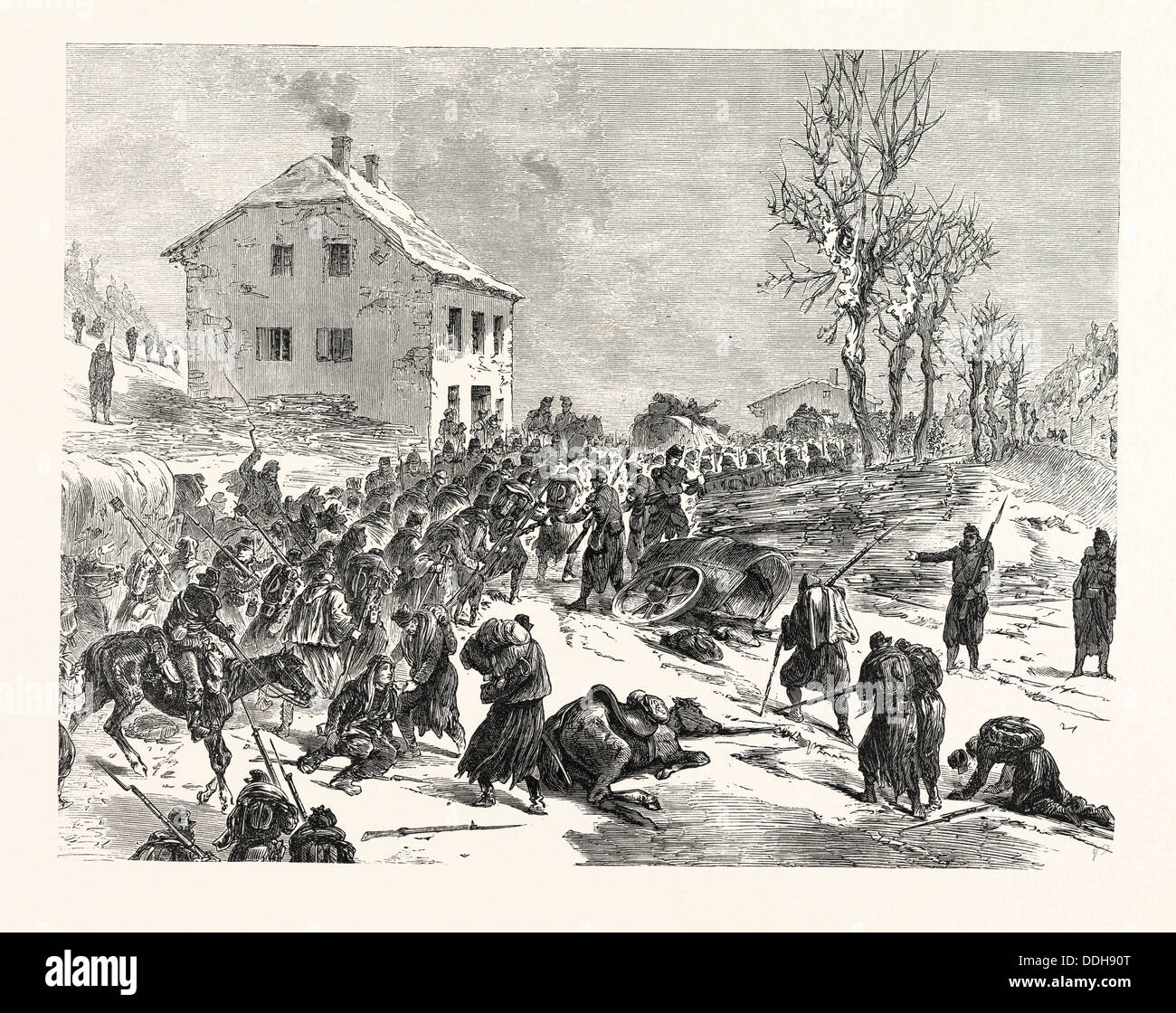 Franco-Preussischer Krieg: Entwaffnung der Bourbaki Truppen in Verrieres am 1. Februar 1871, Schweiz Stockfoto