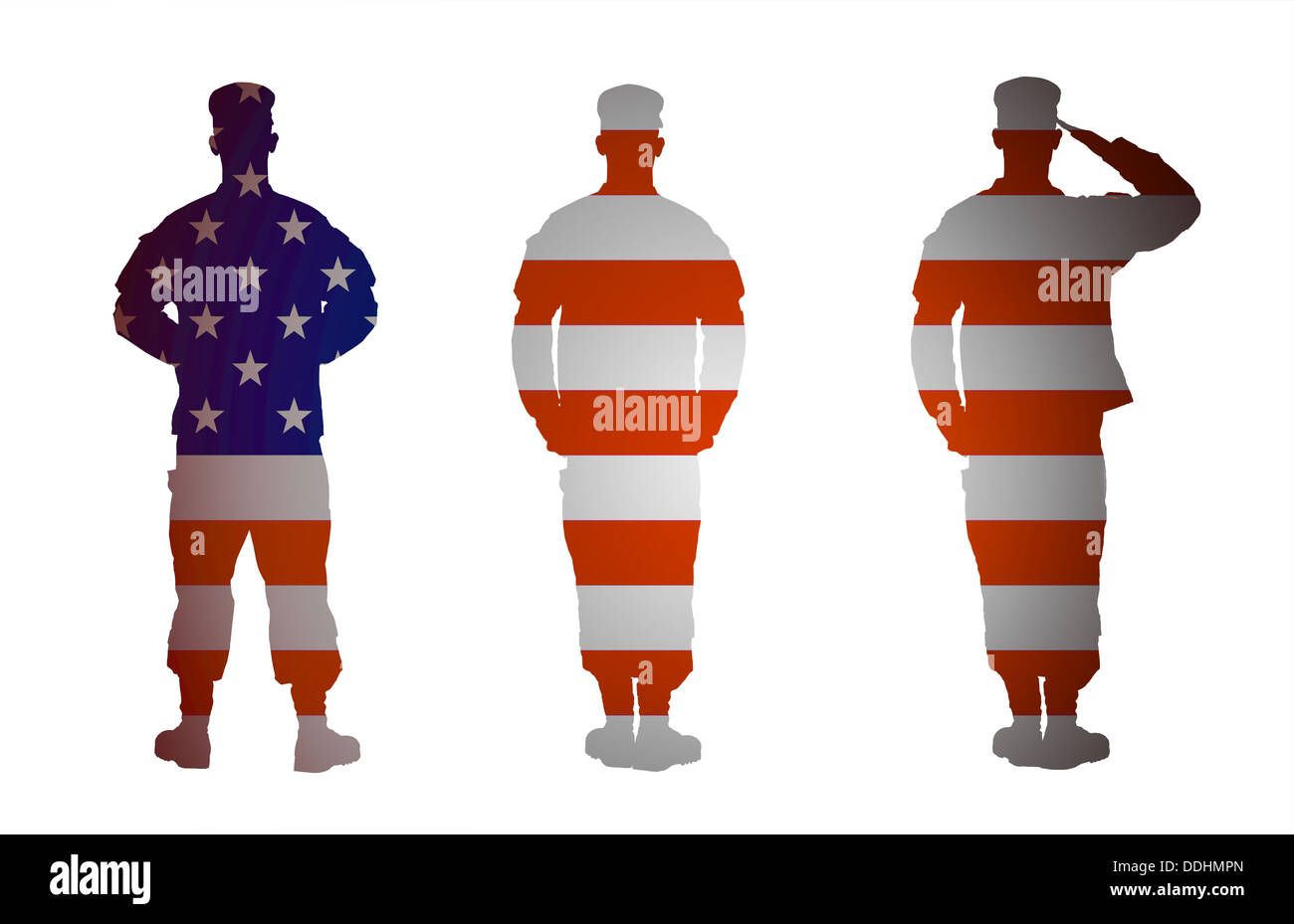 US Armee-Soldat-Silhouette in drei Positionen Parade Rest, Achtung, salutieren. Collage, isoliert auf weißem Hintergrund Stockfoto