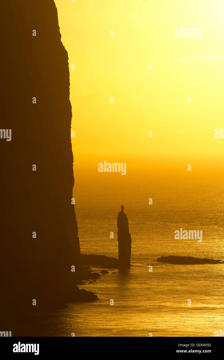 Kellingin Meer Stapeln, versteinerte Troll der Legende nach bei Sonnenuntergang Stockfoto