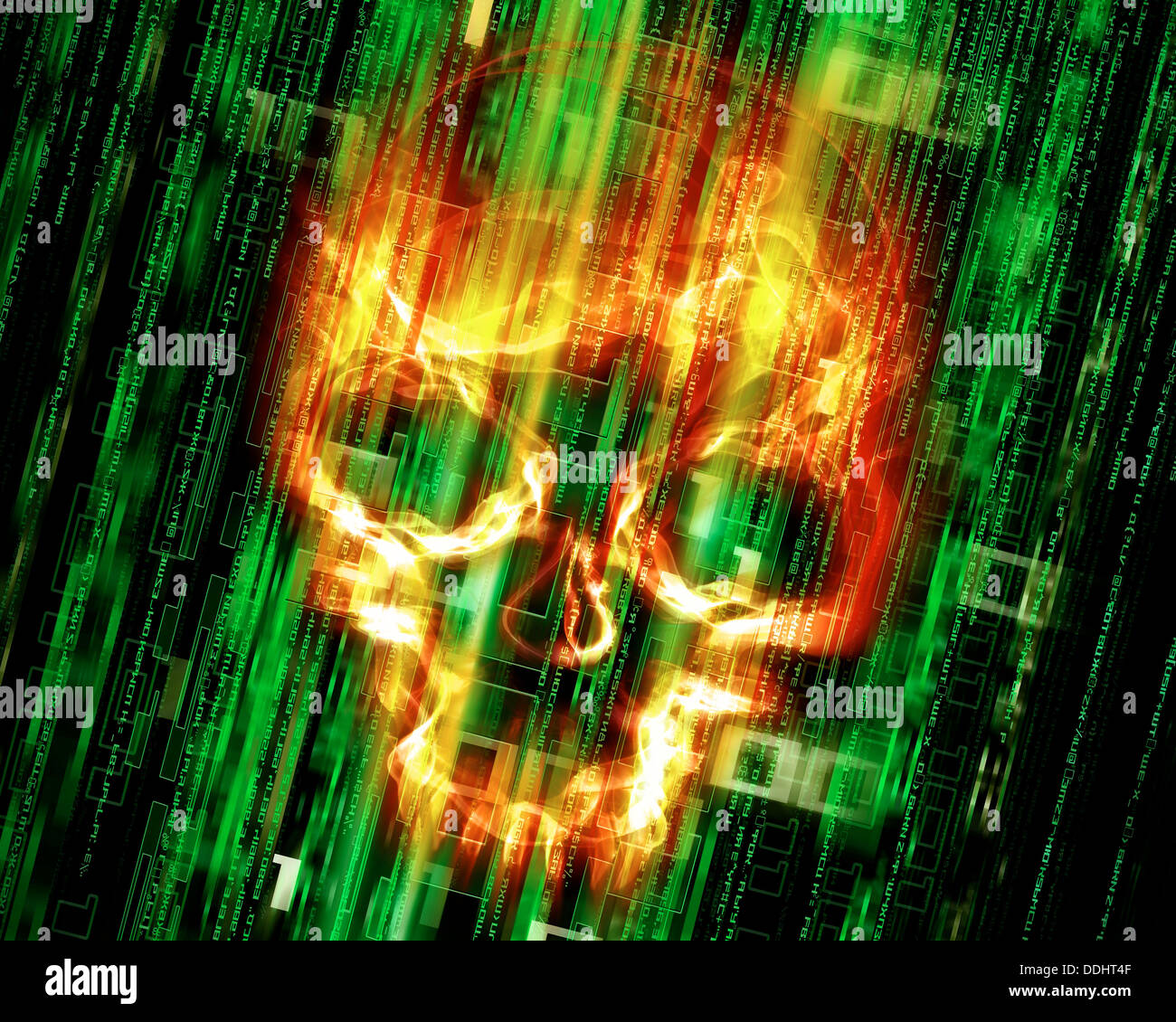 Hacker Angriff Konzept Hintergrund mit Feuer Schädel Stockfoto