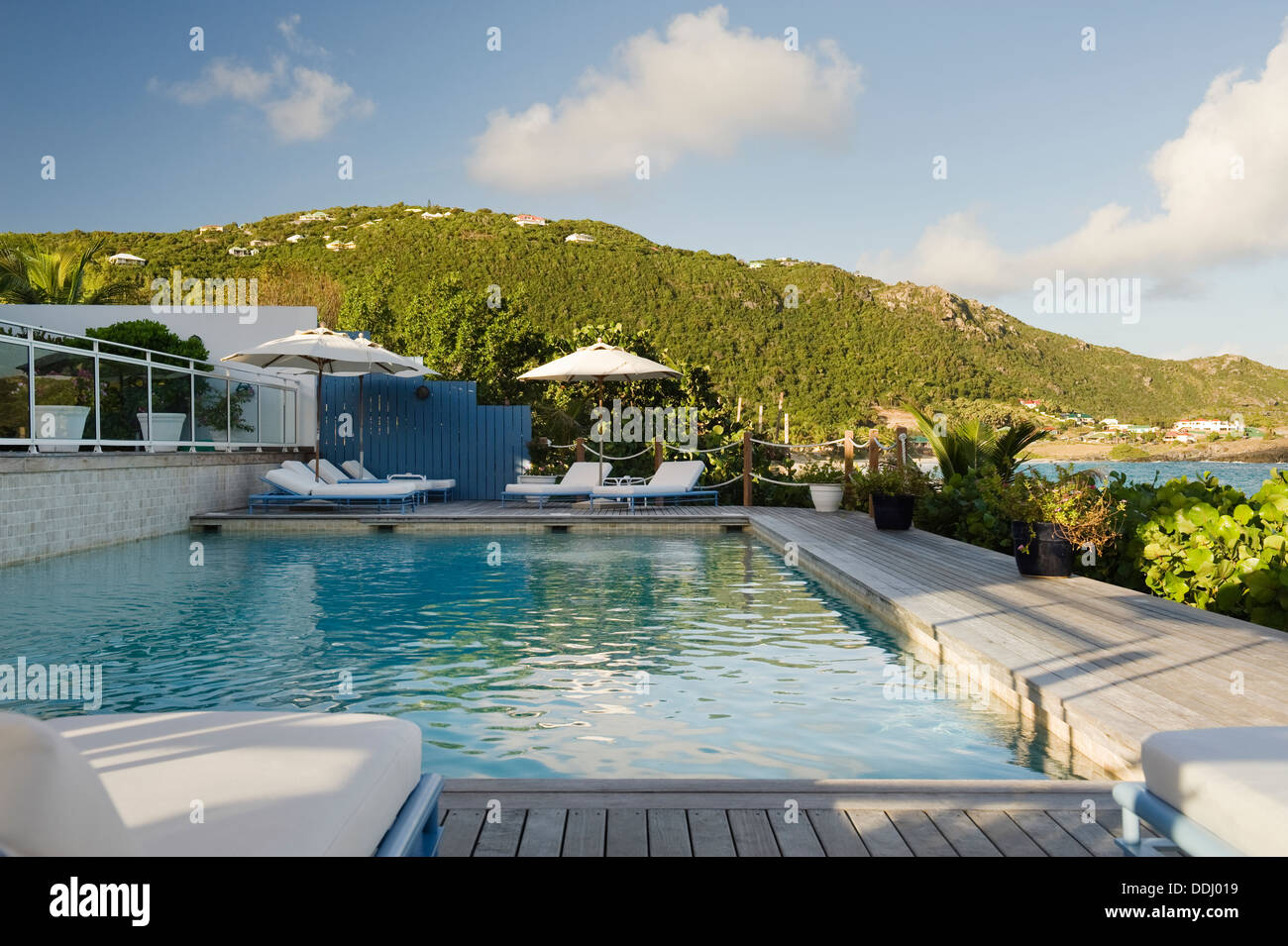 Swimmingpool im Freien mit Holzterrasse und Blick aufs Flamands Bay Stockfoto