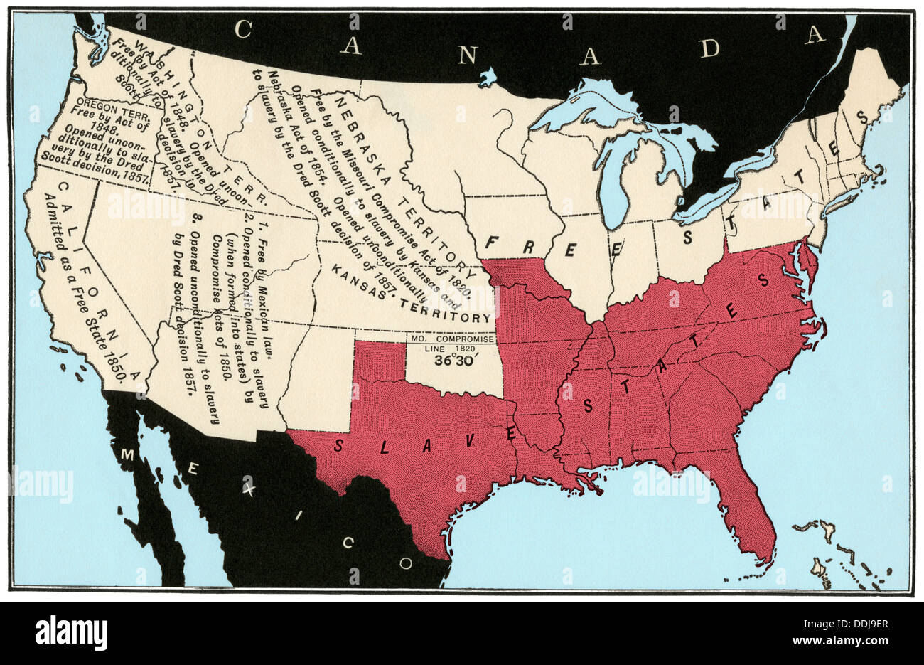 Uns Karte von Freiheit und Sklaverei im Jahre 1857. Digital farbige Holzschnitt Stockfoto