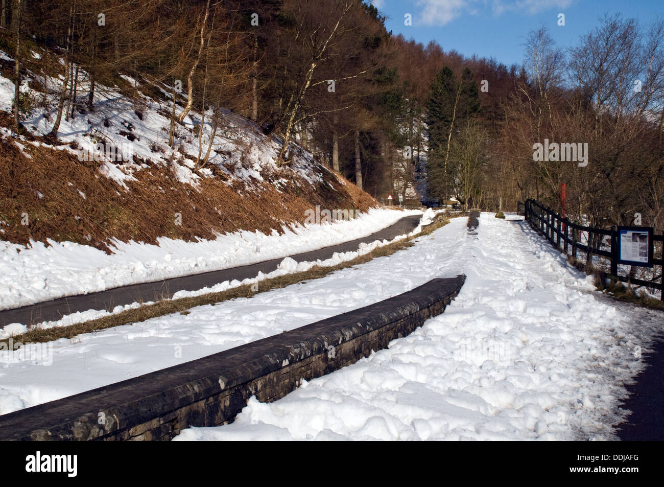 Schnee auf der Straße das Derwent Reservoir in das Land der Zinnen Derbyshire England UK Europa Ray Boswell Stockfoto