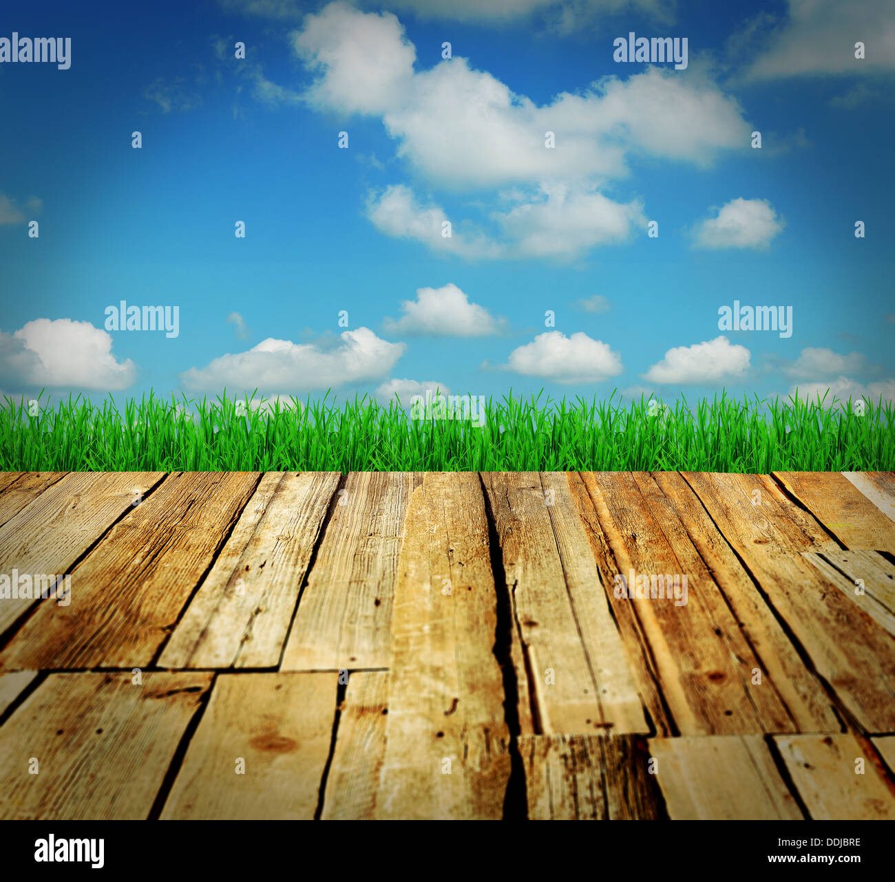 Holzplatte, Grass und Himmel. leeren Hintergrund Stockfoto