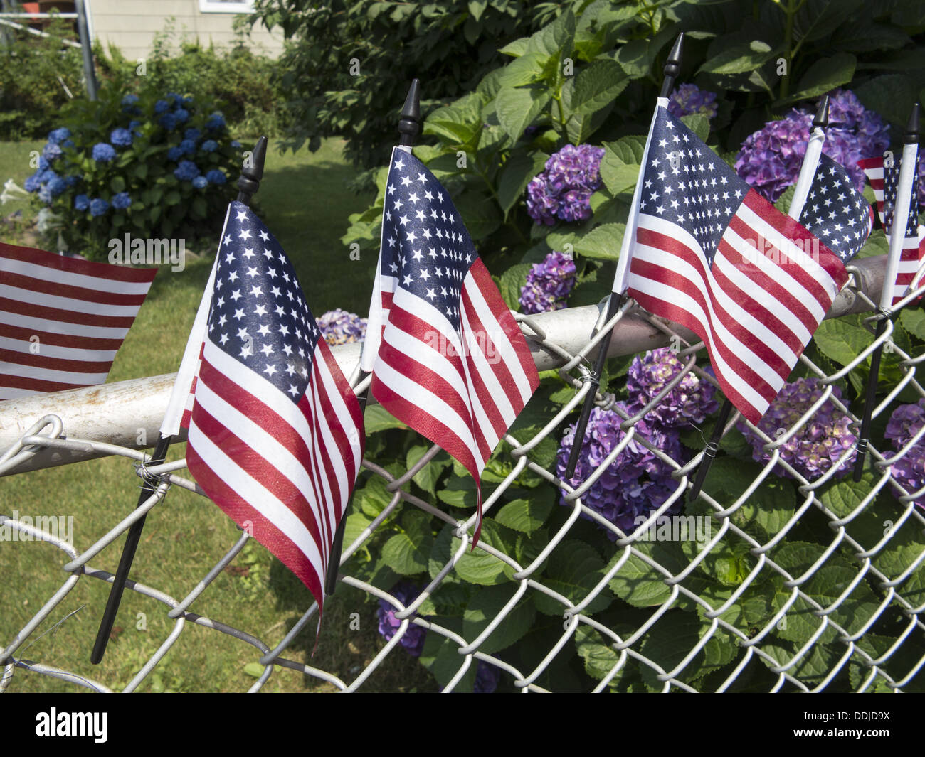 Amerikanische Flaggen auf einem Zaun in ein Wohn-Neighborhjood in Brooklyn, New York. Stockfoto