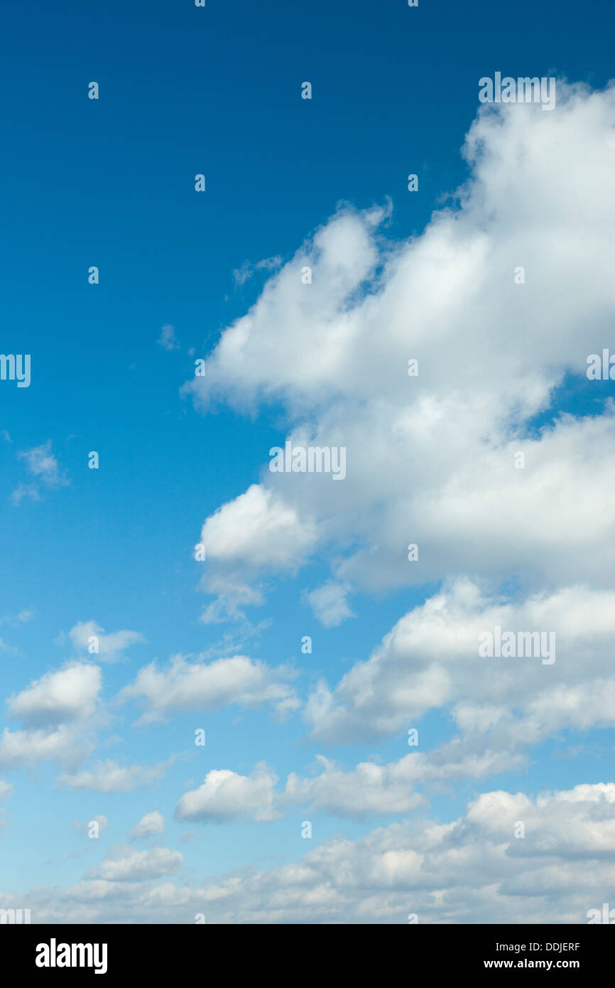 GESCHWOLLENE WEIßE WOLKEN AM BLAUEN HIMMELSHINTERGRUND Stockfoto