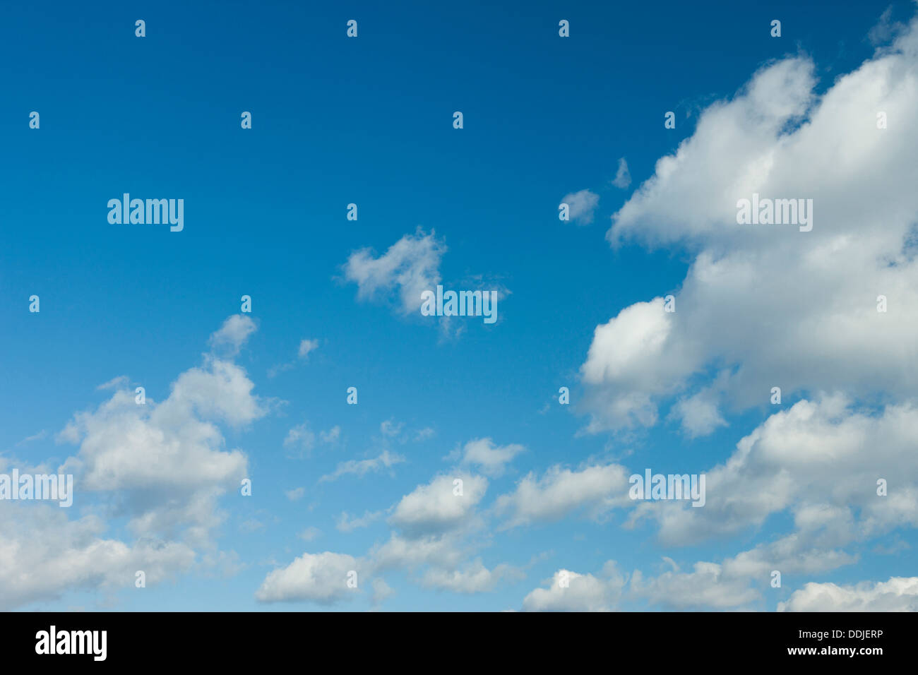 GESCHWOLLENE WEIßE WOLKEN AM BLAUEN HIMMELSHINTERGRUND Stockfoto