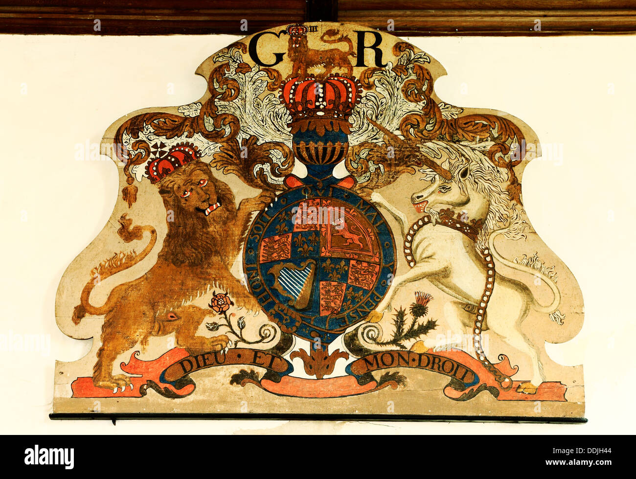 Burnham Overy, Norfolk, königliche Arme, King George 3. britischen Monarchen Monarchen Könige Heraldik dritte Löwe Einhorn England UK Stockfoto