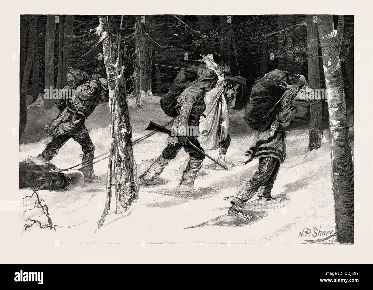 INDISCHE FALLENSTELLER DER NORD-WEST, KANADA, 19. JAHRHUNDERT GRAVUR Stockfoto