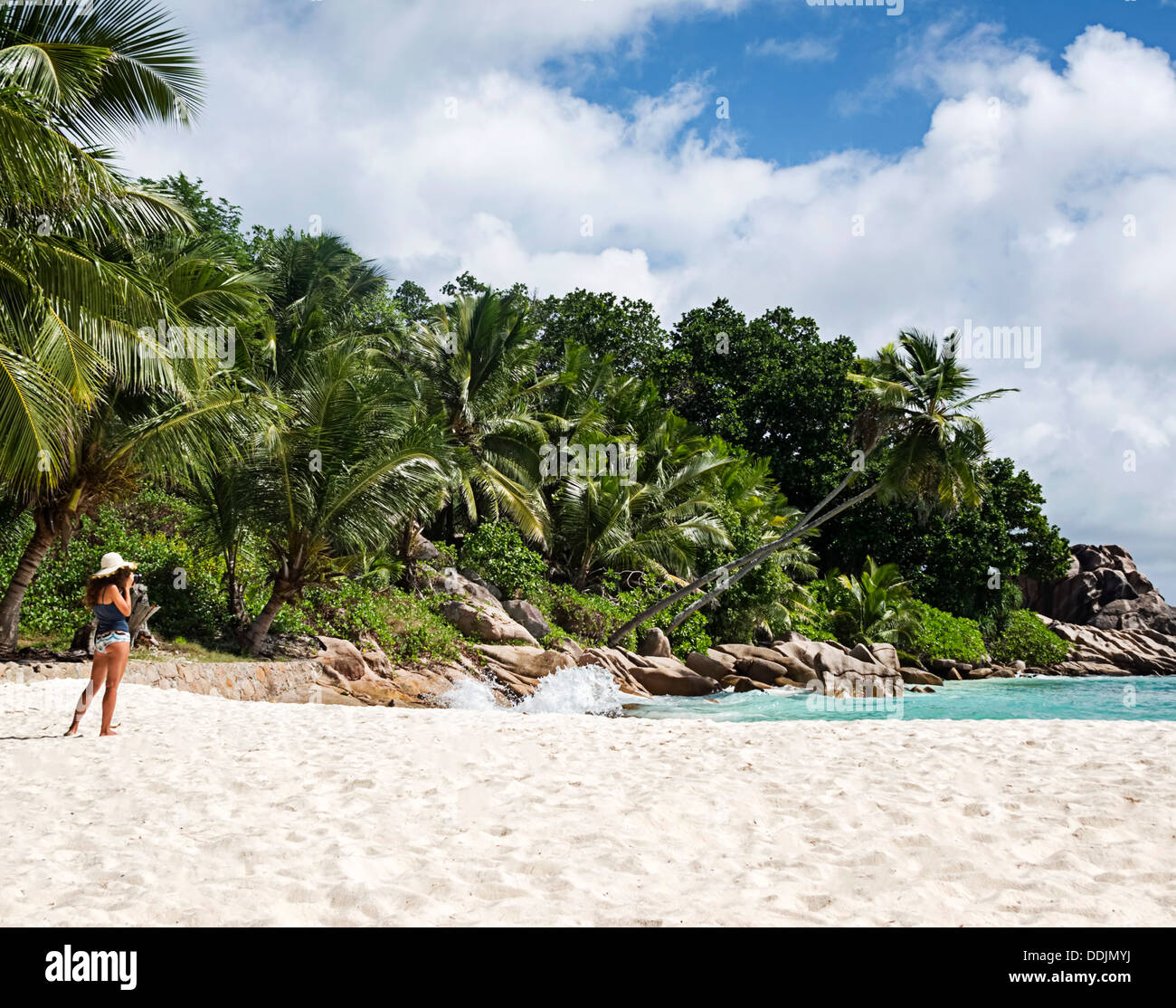 Frauen am Anse Severe, Palmen Bäume, Seychellen, Indischer Ozean, Afrika Stockfoto