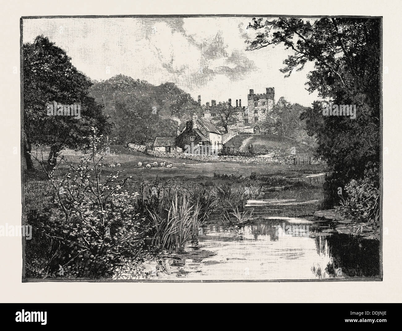 HADDON HALL, VON DER WYE. Ein englisches Landhaus am Fluss Wye in Bakewell, Derbyshire Stockfoto