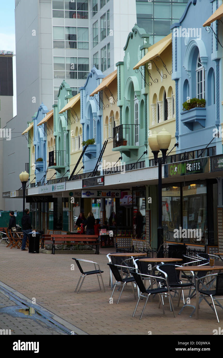 Spanish Mission Stil-Architektur, neue Regent Street, Christchurch, Canterbury, Südinsel, Neuseeland Stockfoto