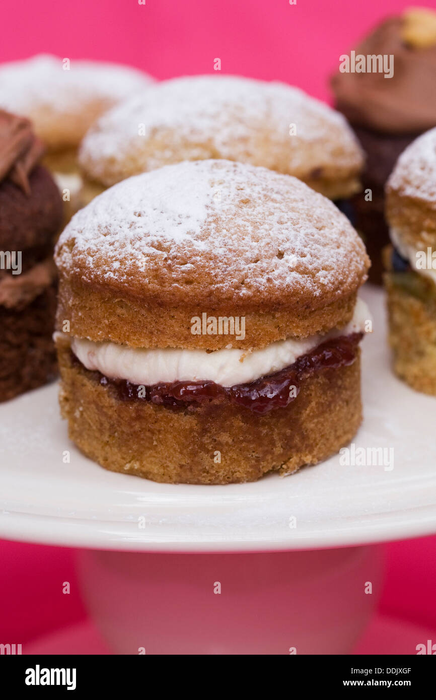 Eine Auswahl an hausgemachten Mini Victoria sandwich Kuchen auf einem rosa Hintergrund. Stockfoto
