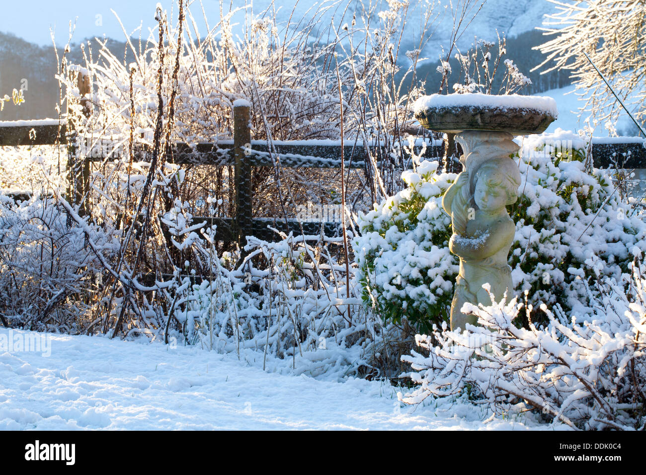 Garten im Winter mit einem Vogelbad Skulptur nach einem Sturz von Schnee. Powys, Wales. Januar. Stockfoto