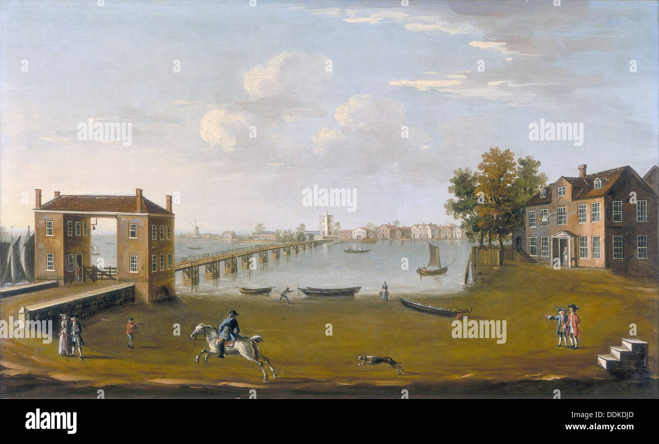 "Putney Bridge und das Dorf von Fulham', c 1750. Artist: Unbekannt Stockfoto