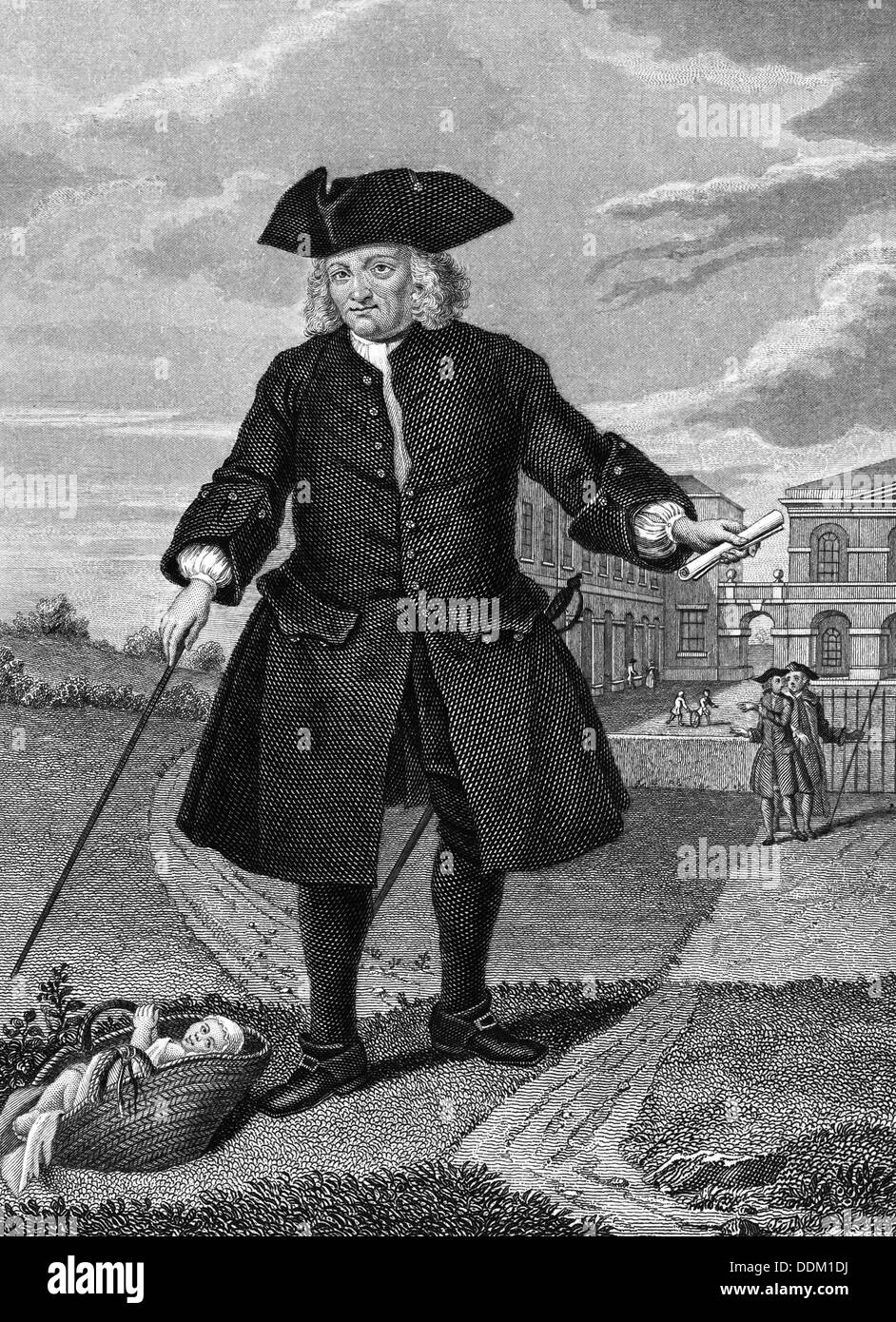 Thomas Coram außerhalb des Foundling Hospital, London, (c 1750?). Artist: Unbekannt Stockfoto