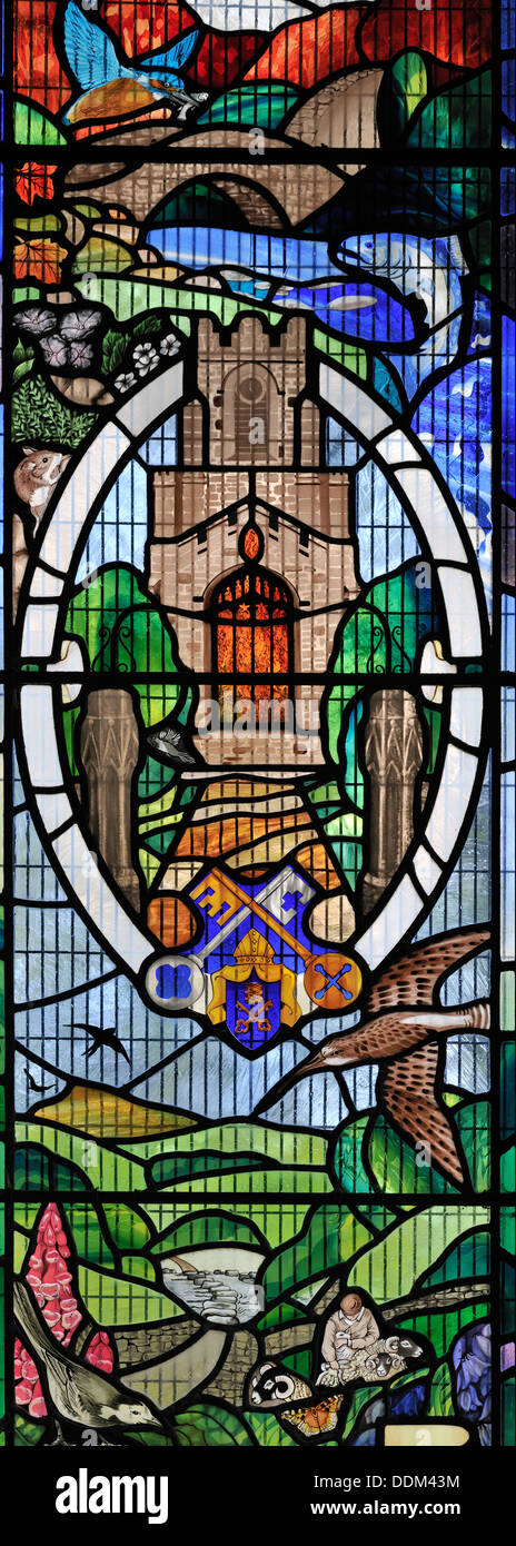 St Peter Kirche dargestellt in Glasmalerei, Millennium Fenster, Stainforth, Yorkshire Dales National Park, England Stockfoto