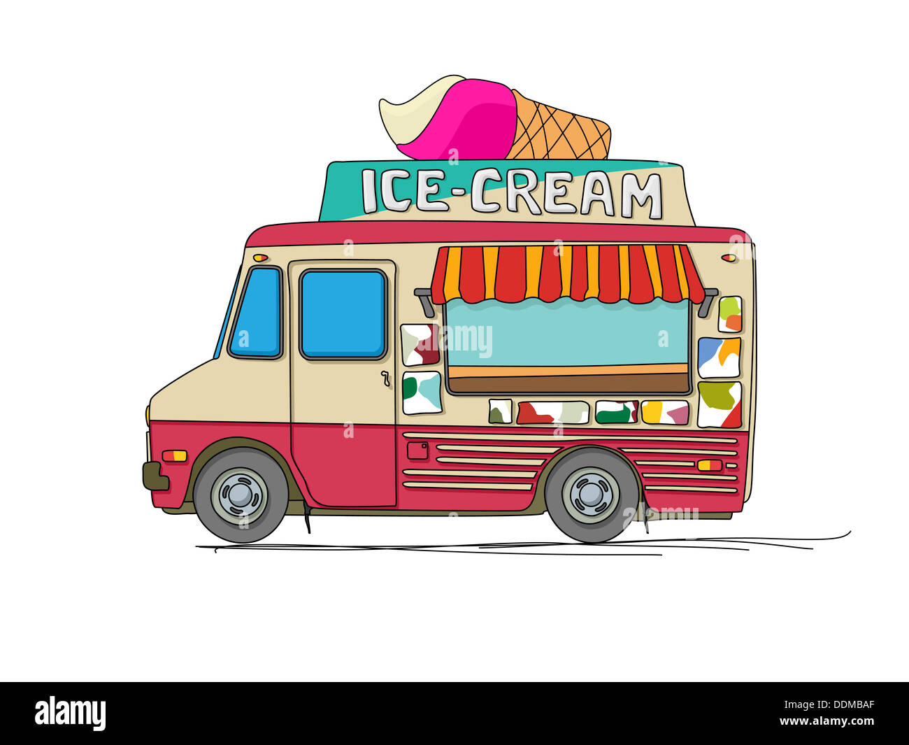 Ice Cream Truck Cartoon-Zeichnung über weiß Stockfoto