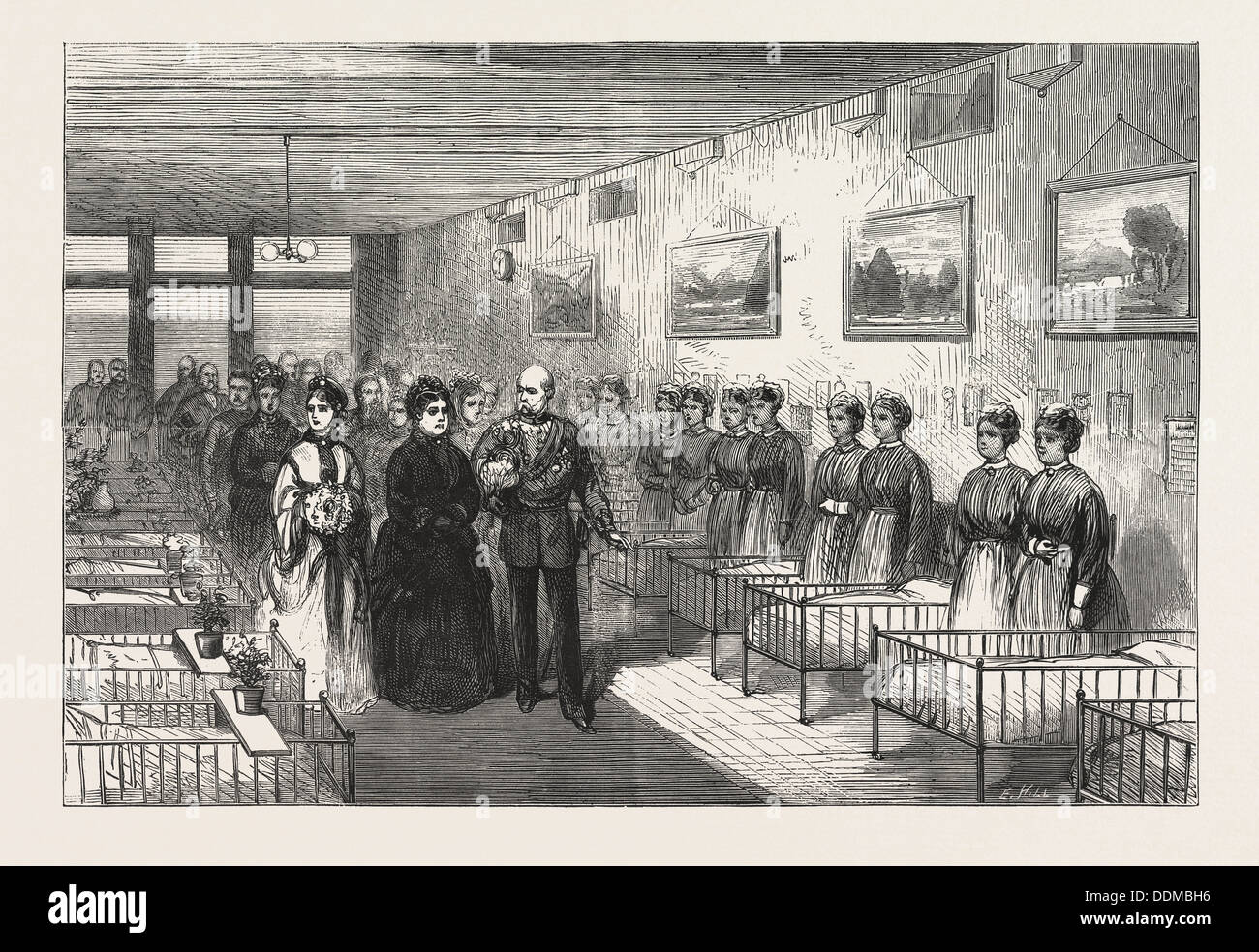 DIE QUEEN-BESUCH IN LONDON HOSPITAL: DIE KÖNIGLICHE PARTEI DURCHLAUFEN DIE VICTORIA WARD DES FLÜGELS LEBENSMITTELHÄNDLER. GRAVUR VON 1876 Stockfoto