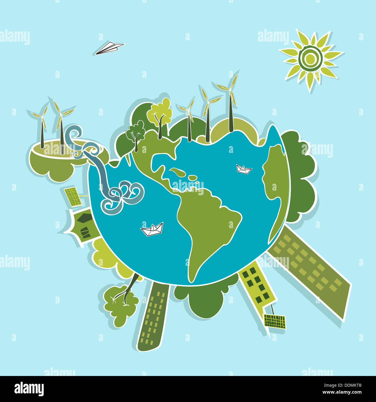 Öko globalen grünen Planeten Erde, Bäume, Kontinente, Windkraftanlagen und grüne Sonne Illustration. Vektor für die einfache Bearbeitung geschichtet. Stockfoto