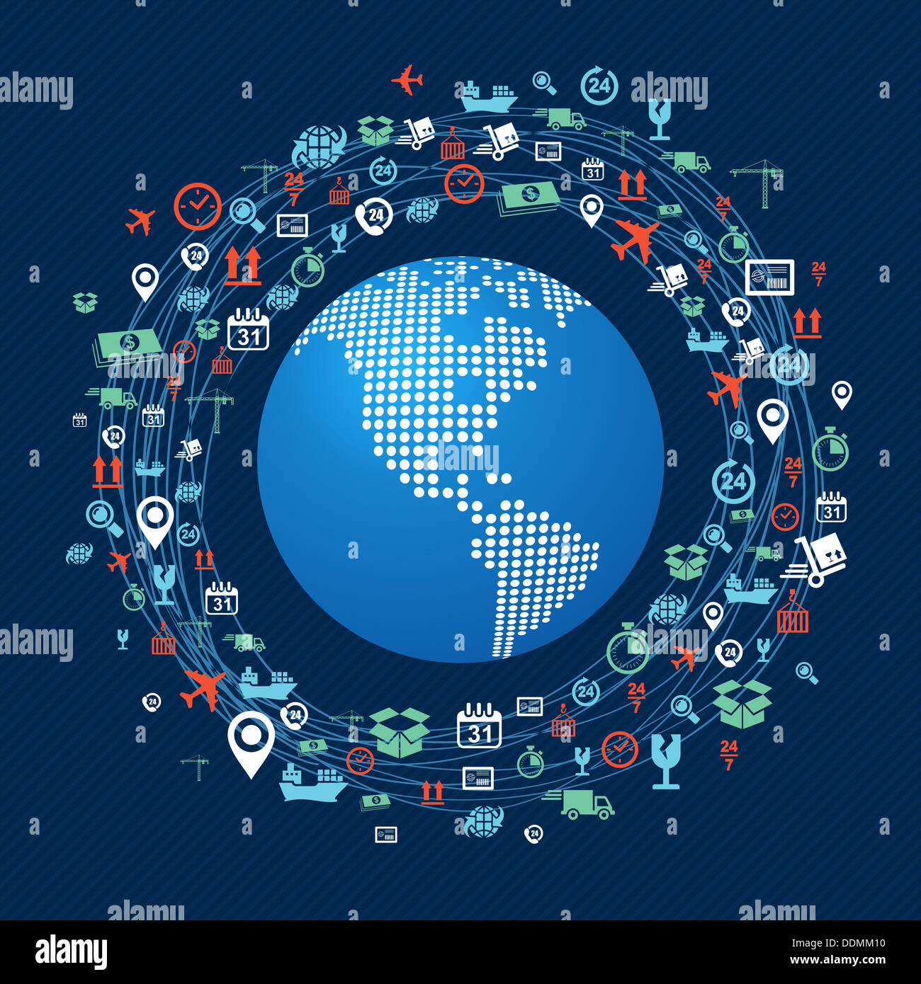 Versand Konzept Symbole Netzwerk Kreis um den Planeten Erde mit Schwerpunkt in den USA. Vektor-Datei in Layer für die einfache Bearbeitung. Stockfoto