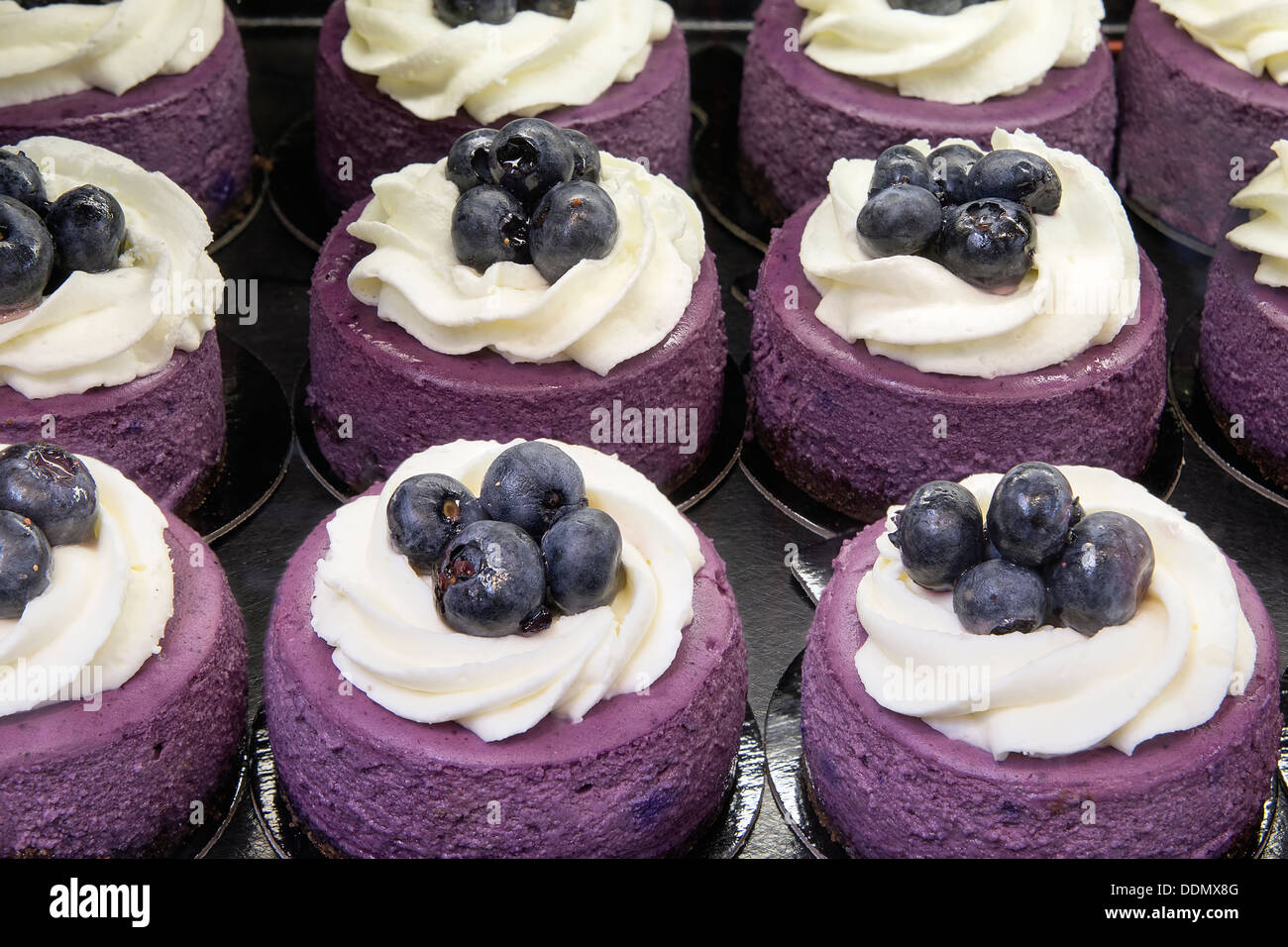 Blaubeerkuchen Mousse garniert mit Blaubeeren und Schlagsahne in Bäckerei Stockfoto