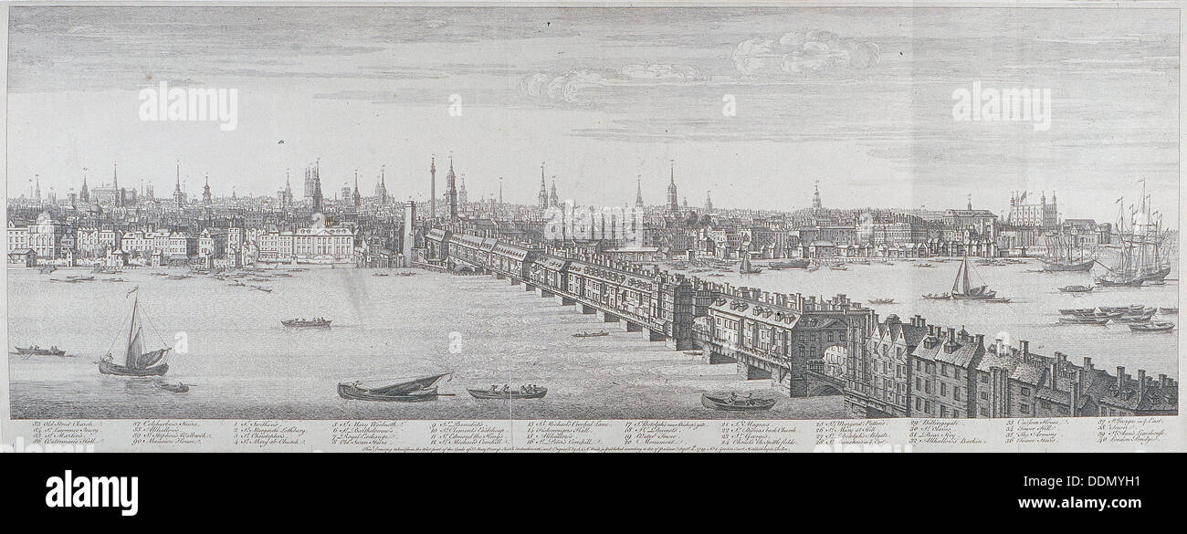 London Bridge (alt), London, 1749. Künstler: Samuel Buck Stockfoto