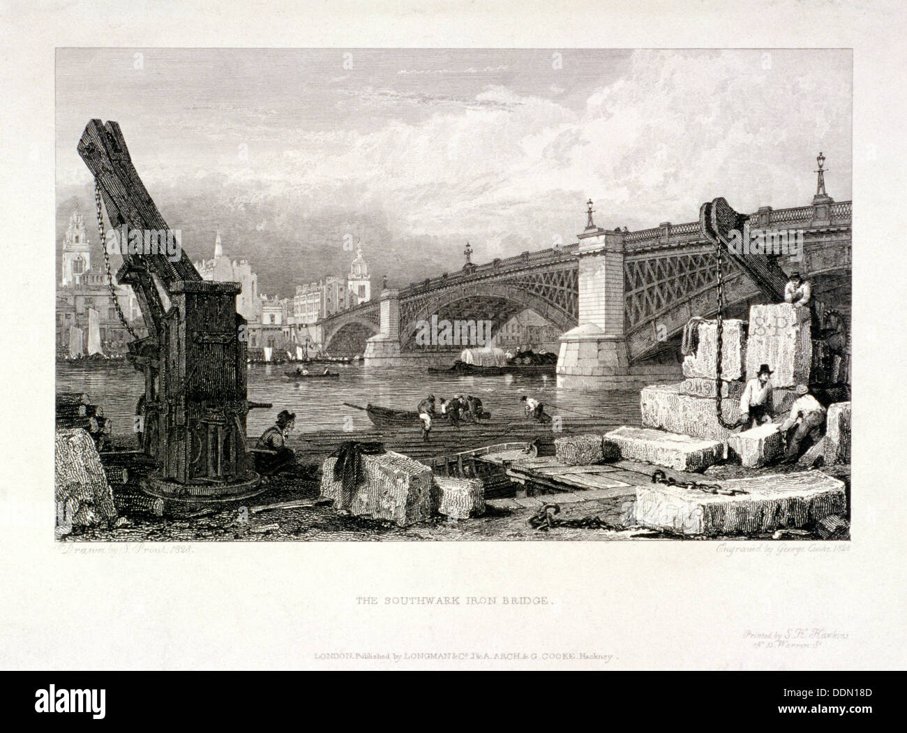 Southwark Bridge, London, 1828. Künstler: Samuel Prout Stockfoto