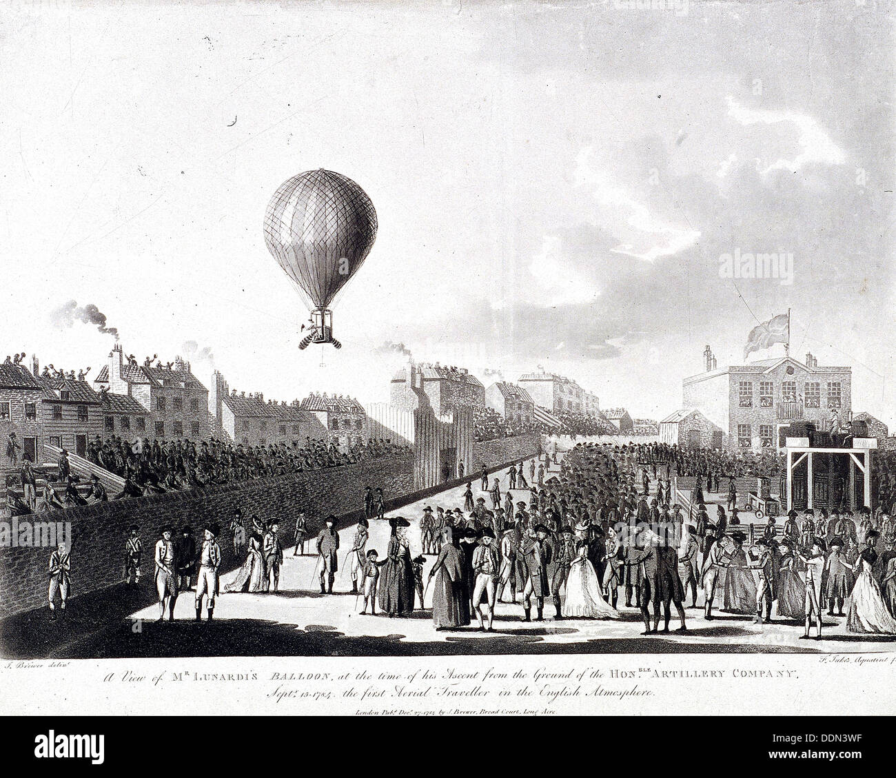 Vincenzo Lunardi Ballon aufsteigen vom Artillerie-Boden, City Road, London, Finsbury 1784. Künstler: Francis Jukes Stockfoto