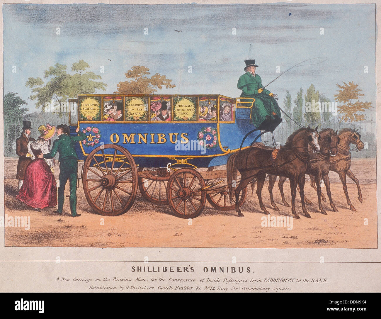 Passagiere mit Shillibeer Omnibus, London, 1829. Künstler: Anon Stockfoto