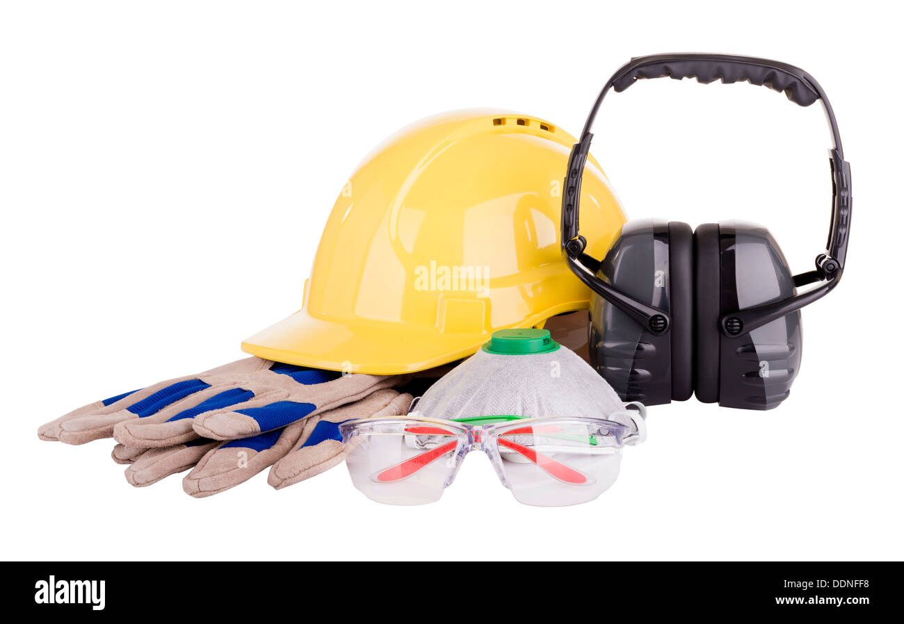Sicherheitseinrichtungen oder PSA - persönliche Schutzausrüstung - mit Schutzhelm, Schutzbrille, Handschuhe, Gesichtsmaske und Ohrenschützer isoliert Stockfoto