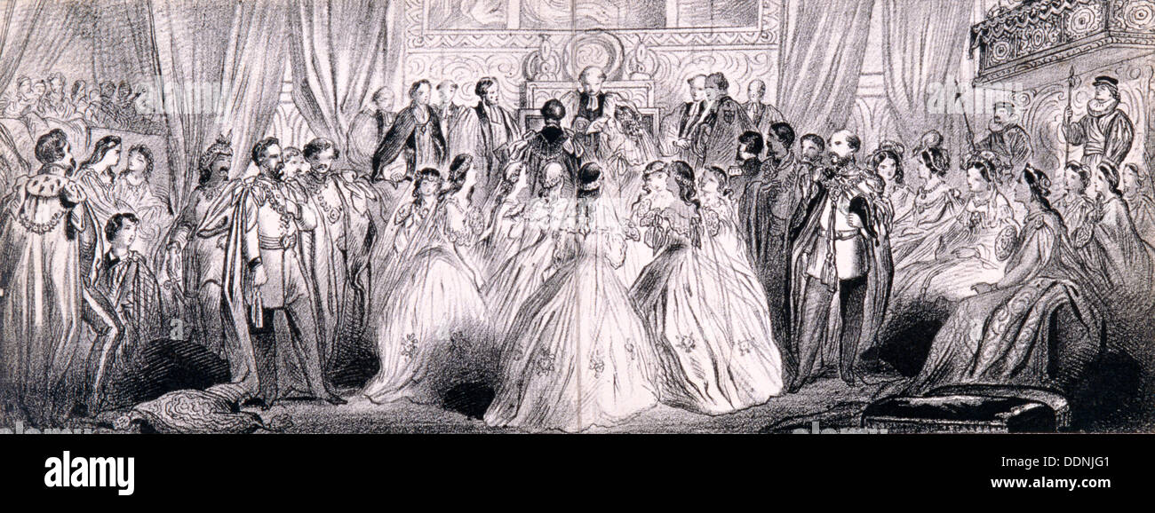 Hochzeitszeremonie von Prinz Edward und Prinzessin Alexandra in St. George Chapel in Windsor Castle Künstler: Anon Stockfoto