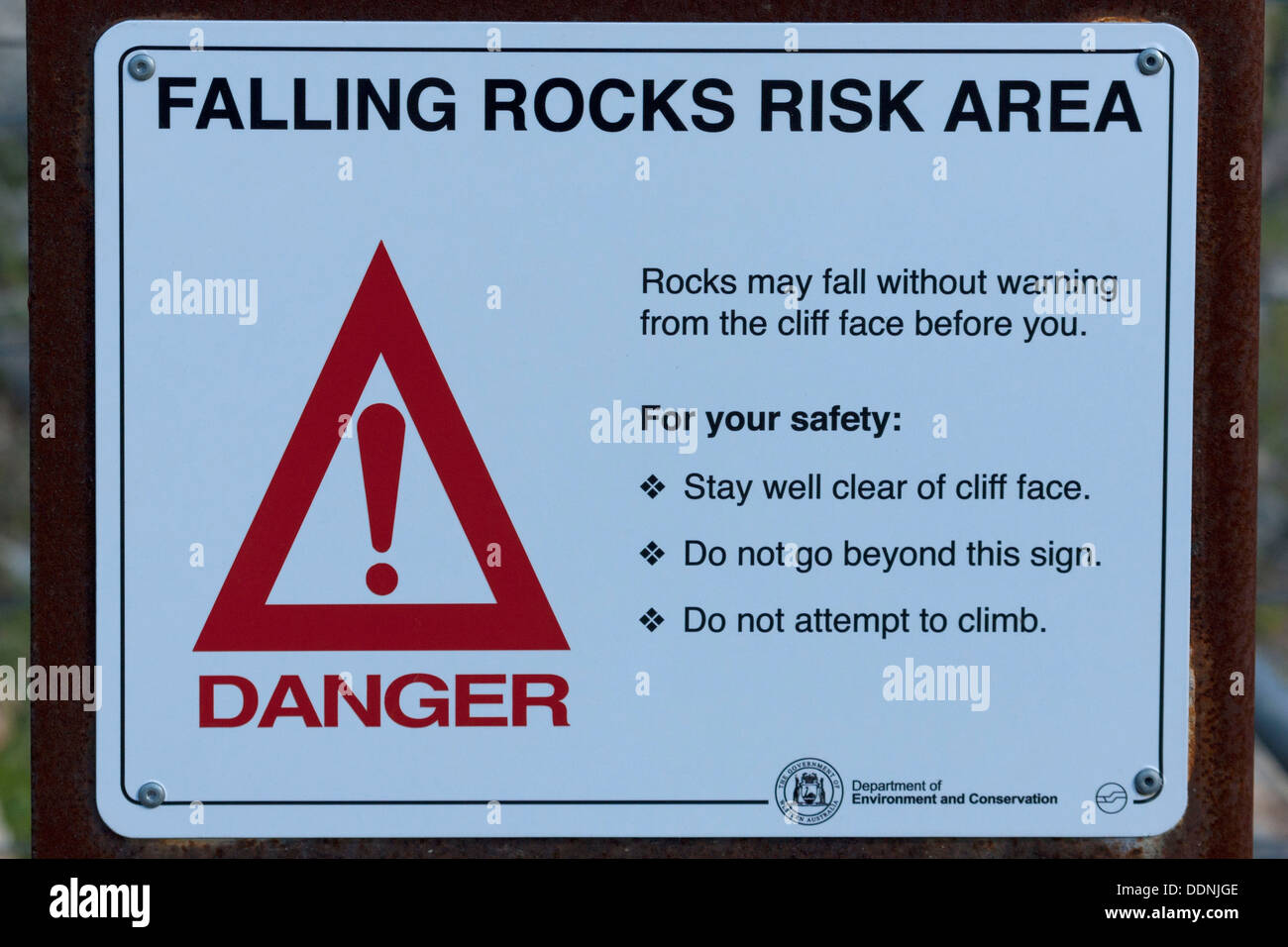 Fallende Felsen Warnschild, Western Australia Stockfoto