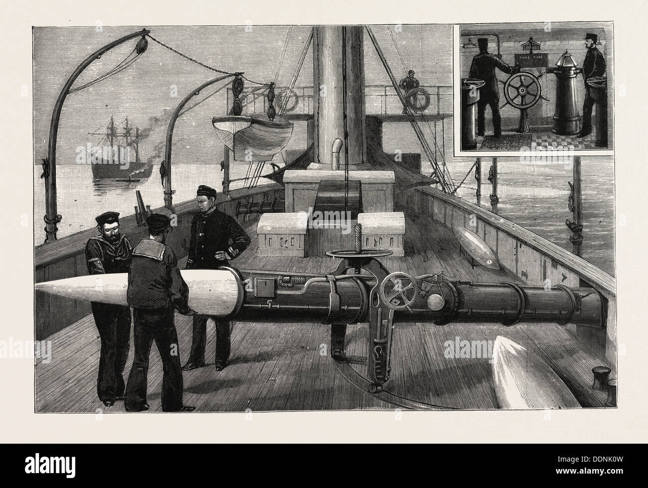 TORPEDOBOOT Waffe laden ein TORPEDO-Rohr auf dem OBERDECK, auf der Suche nach vorn, 1888-Stich Stockfoto