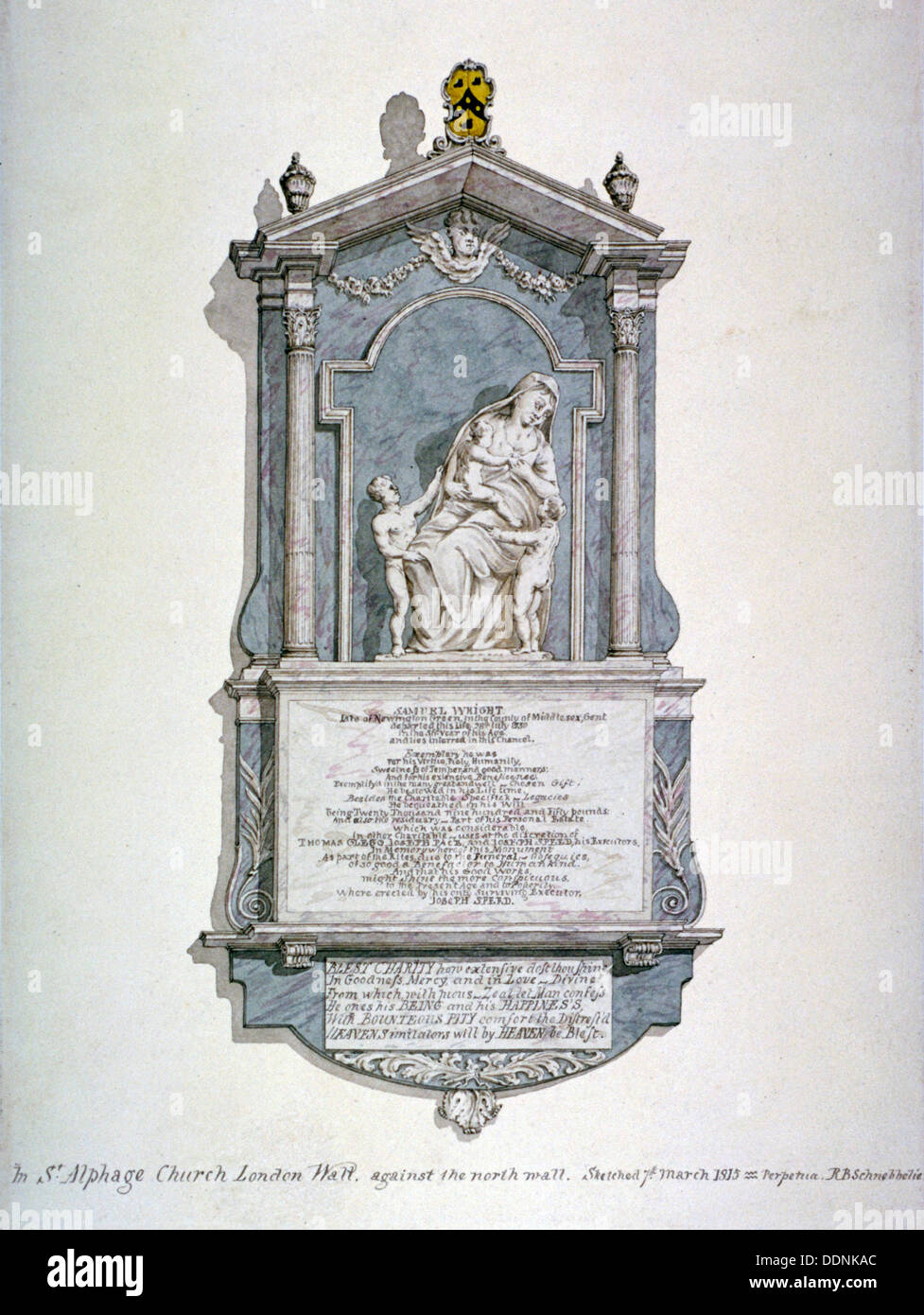 Denkmal für Samuel Wright, von der Nordwand von St Alfege's Church, London Wall, London, 1815. Artist: Robert Blemmell Schnebbelie Stockfoto
