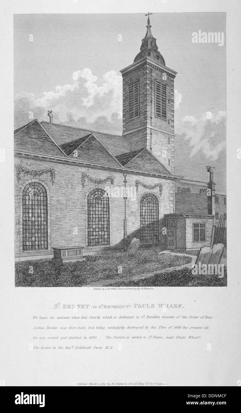 Kirche von St. Benet Pauls Wharf, City of London, 1810. Künstler: JW weiß Stockfoto