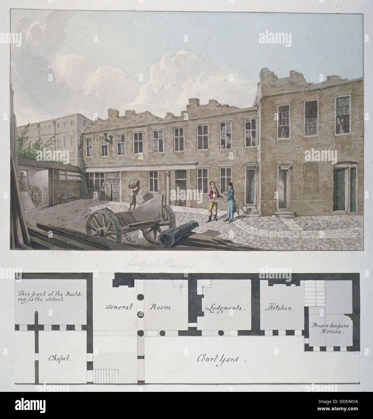 Ludgate Gefängnis mit einem Plan der Londoner Arbeitshaus, Bishopsgate, unterhalb, City of London, 1818. Artist: Robert Blemmell Schnebbelie Stockfoto