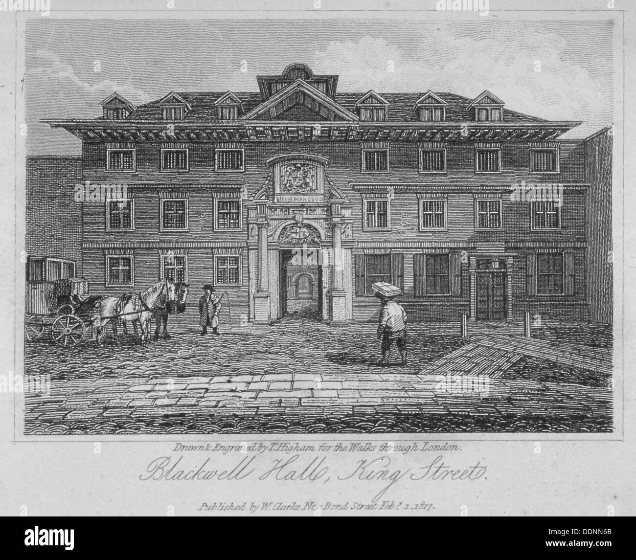 Ansicht der Blackwell Hall an der King Street mit Wagen und Figuren, City of London 1817.               Künstler: Thomas Higham Stockfoto